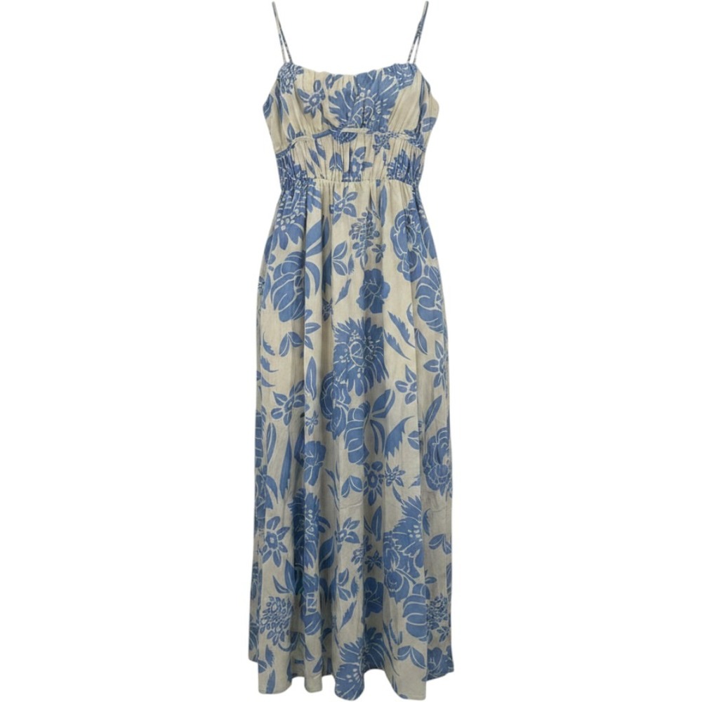 Indikah Blue White Floral Milkmaid Midi Maxi Dress Small Summer Boho Cottagecore